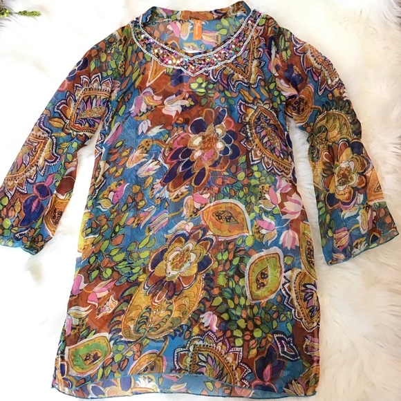 Sunflower Floral Sequin Neckline Long Sleeve Sheer Swimsuit Cover Up Size Small - Picture 7 of 9